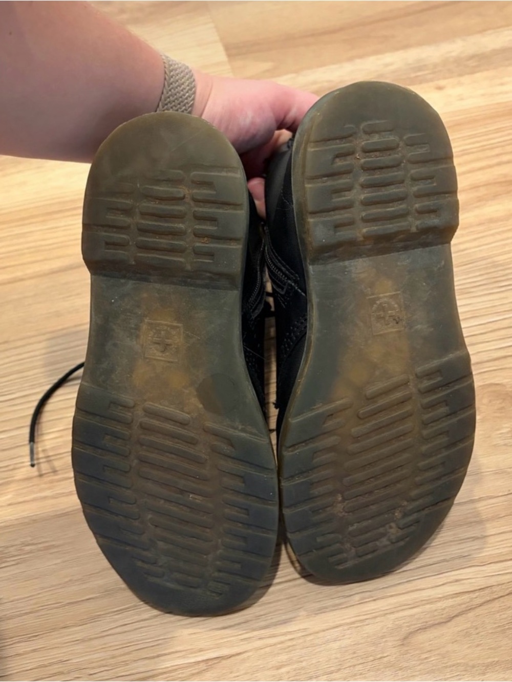 5/$20 Dr. Martens Black Leather Lace-Up Kids Boots with Yellow Stitching - Picture 3 of 5